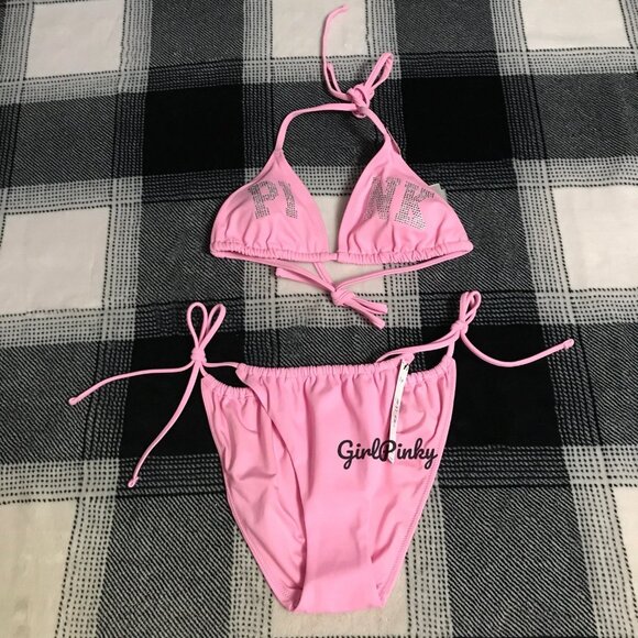 VS PINK 2 PIECE STRING BIKINI SWIMSUIT IN PINK LOLLIPOP BLING LIMITED EDITION - Picture 2 of 7